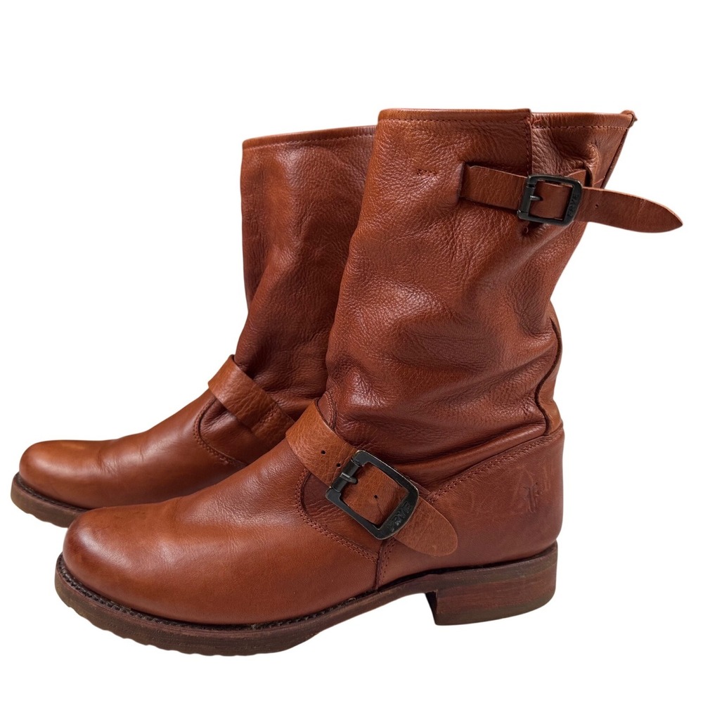 Frye Veronica Short Engineer Boots Cognac Brown Leather Buckle Moto Size 8B